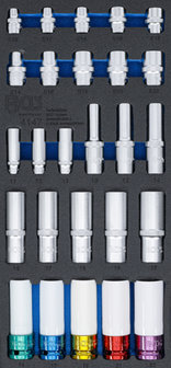 Serie bussole esagonali, profondita 11 - 22 mm profilo E E10 - E22 6,3 mm (1/4), 10 mm (3/8), 12,5 mm (1/2) 26 pz