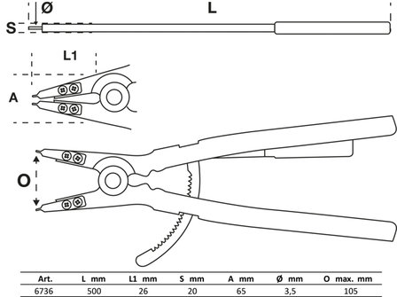 Pinza per anelli seeger dritta per seeger esterni 500 mm