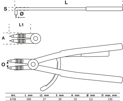 Pinza per anelli seeger piegata per seeger interni 500 mm