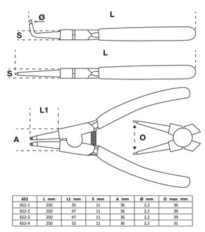 Serie di pinze per anelli seeger 250 mm 4 pz