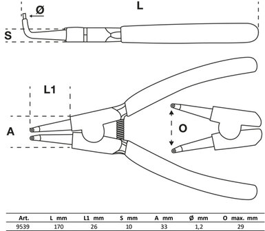 Pinza per anelli seeger 90&deg; per seeger esterni 165 mm