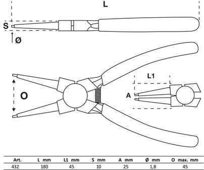 Pinza per anelli seeger piegata per seeger interni 180 mm