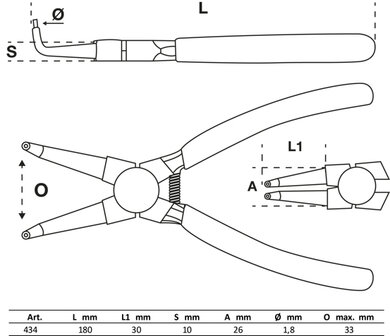 Pinza per anelli seeger piegata per seeger interni 180 mm