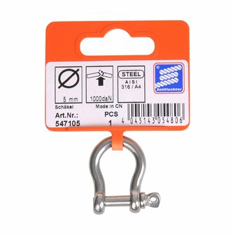 Grillo corto per arpa 5mm  acciaio inox A4 AISI 316  1.000 daN