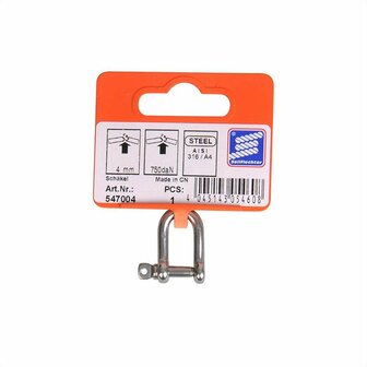 Grillo a D corto 4mm  acciaio inox A4 AISI 316  750 daN
