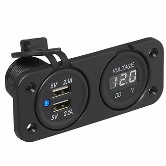 Kit da incasso: voltmetro 6-30V + porta USB doppia tipo A 2x2100mA