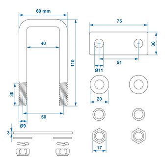 Set di 2 pezzi di staffe a U angolari da 40 mm