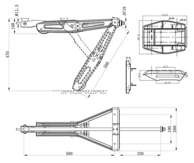 Supporto angolare per caravan 1000 kg 605 x 280 mm H: 470 mm con piede stabilizzante e meccanismo di estensione prolungato