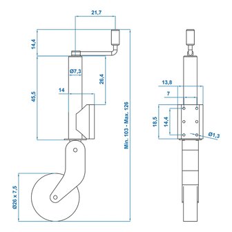 Ruota jockey 73 mm cerchio in metallo con pneumatico in gomma 260 x 65 mm pieghevole