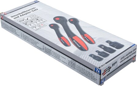 Set di adattatori e cricchetto reversibile dentatura fine quadro esterno (1/4) - (3/8) - (1/2) 7 pz