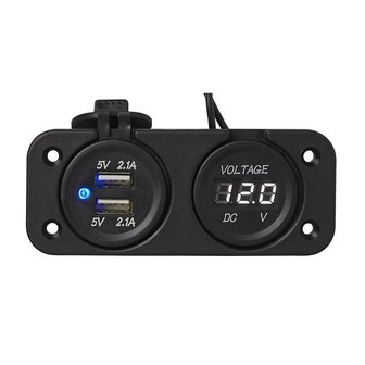 Kit da incasso: voltmetro 6-30V + porta USB doppia tipo A 2x2100mA