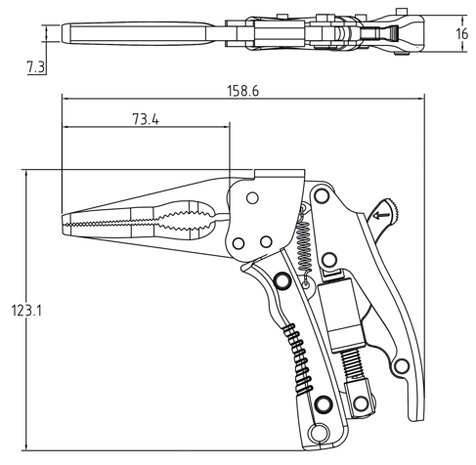 Pinza di bloccaggio becco lungo con maniglia a pistola 170 mm