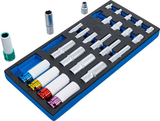 Serie bussole esagonali, profondita 11 - 22 mm profilo E E10 - E22 6,3 mm (1/4), 10 mm (3/8), 12,5 mm (1/2) 26 pz