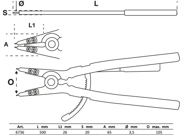 Pinza per anelli seeger dritta per seeger esterni 500 mm