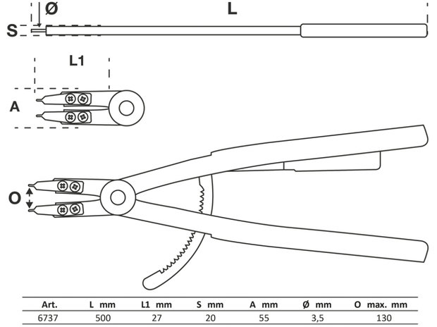 Pinza per anelli seeger dritta per seeger interni 500 mm