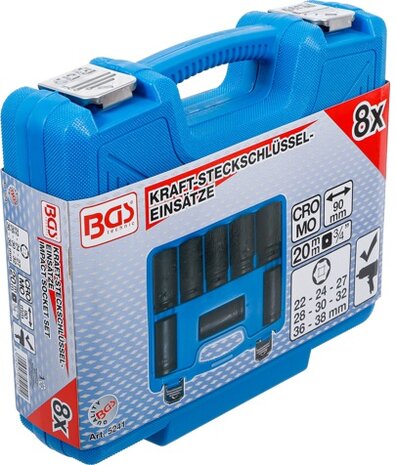 Set di bussole esagonali, extra profonde 20 mm (3/4) 22 - 38 mm 8 pz
