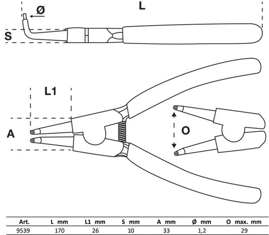 Pinza per anelli seeger 90° per seeger esterni 165 mm