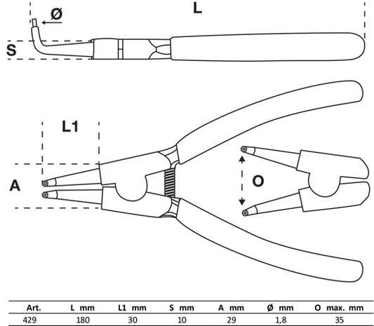 Pinza per anelli seeger piegata per seeger esterni 180 mm