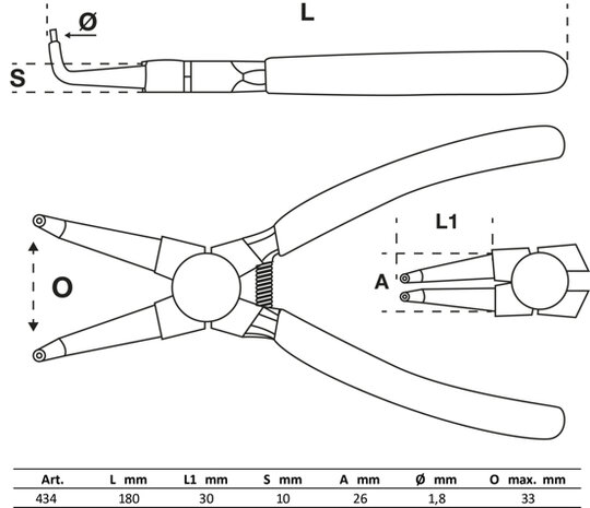 Pinza per anelli seeger piegata per seeger interni 180 mm