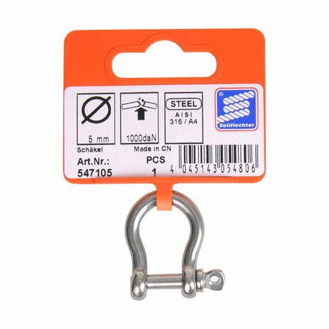 Grillo corto per arpa 5mm  acciaio inox A4 AISI 316  1.000 daN