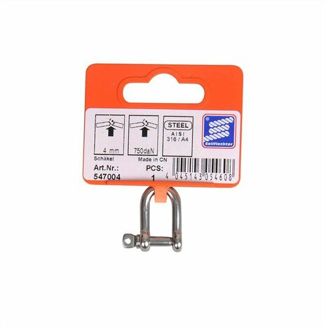 Grillo a D corto 4mm  acciaio inox A4 AISI 316  750 daN