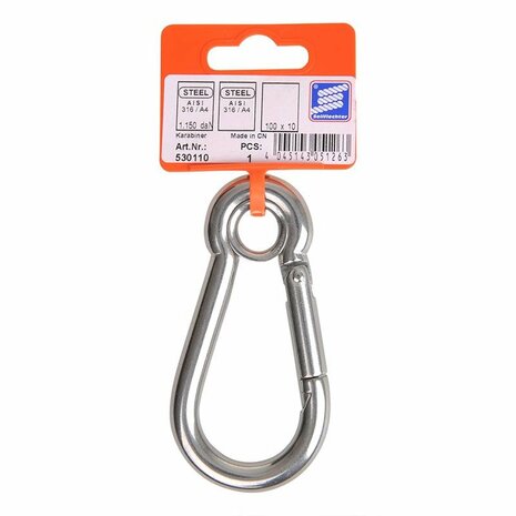 Moschettone 100x10mm  con occhiello chiuso  acciaio inox A4 AISI 316  1.150 daN