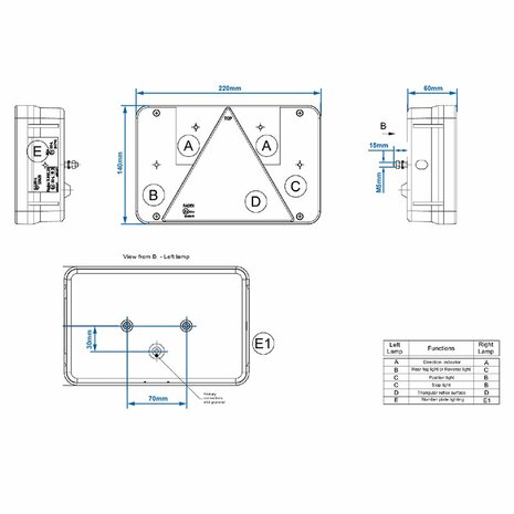 Fanale posteriore 6 funzioni 218x140mm sinistro