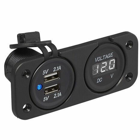 Kit da incasso: voltmetro 6-30V + porta USB doppia tipo A 2x2100mA