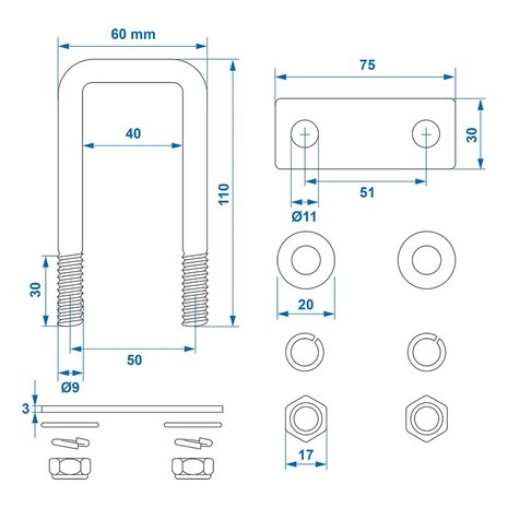 Set di 2 pezzi di staffe a U angolari da 40 mm