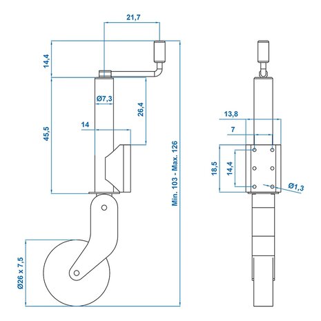 Ruota jockey 73 mm cerchio in metallo con pneumatico in gomma 260 x 65 mm pieghevole
