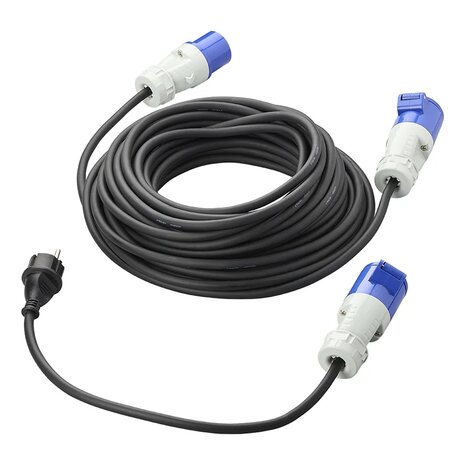Set CEE con prolunga da 20 m 3x2,5 mm e cavo adattatore da 40 cm da spina Schuko a CEE in borsa di stoccaggio