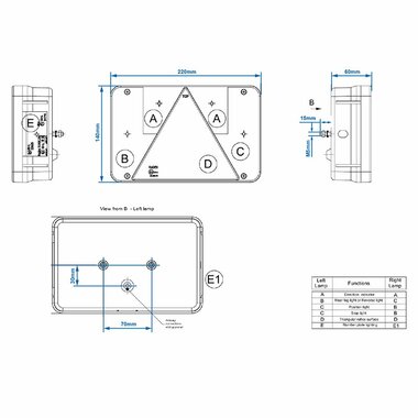 Fanale posteriore 6 funzioni 218x140mm destro